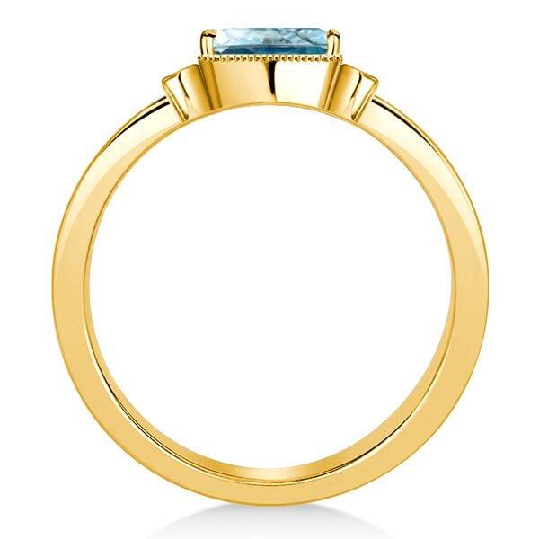 Emerald Cut Aquamarine 3 Stone Engagement Ring, Bezel Setting in 18K Gold Plated Sterling Silver