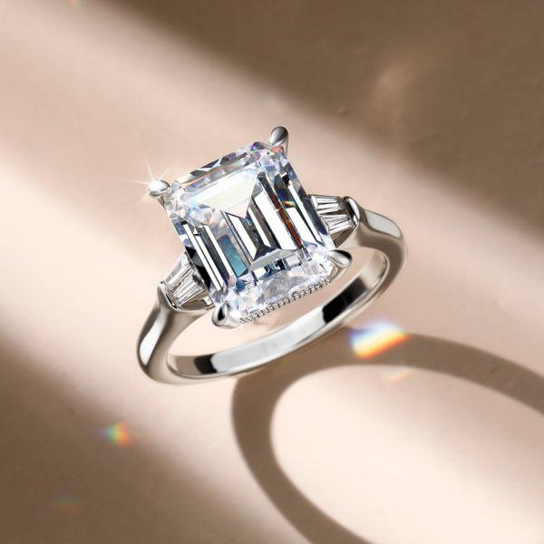 Emerald & White Sapphire Three Stone Engagement Ring - 925 Sterling Silver
