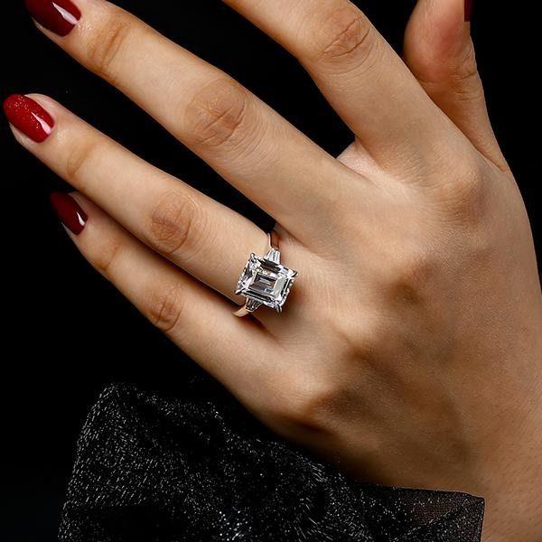 Emerald & White Sapphire Three Stone Engagement Ring - 925 Sterling Silver