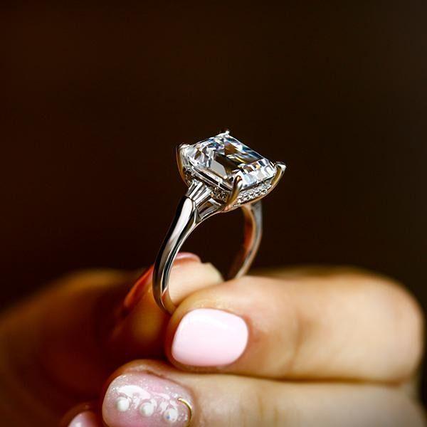 Emerald & White Sapphire Three Stone Engagement Ring - 925 Sterling Silver