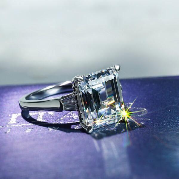 Emerald & White Sapphire Three Stone Engagement Ring - 925 Sterling Silver