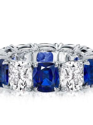Blue & White Cushion Cut CZ Eternity Wedding Band - Sterling Silver