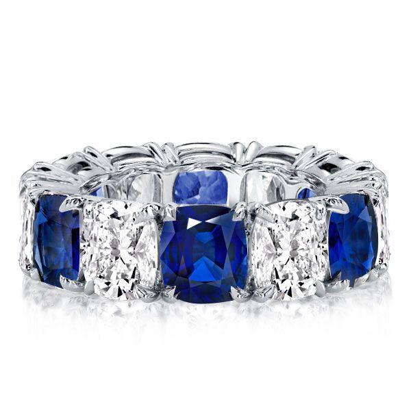 Blue & White Cushion Cut CZ Eternity Wedding Band - Sterling Silver