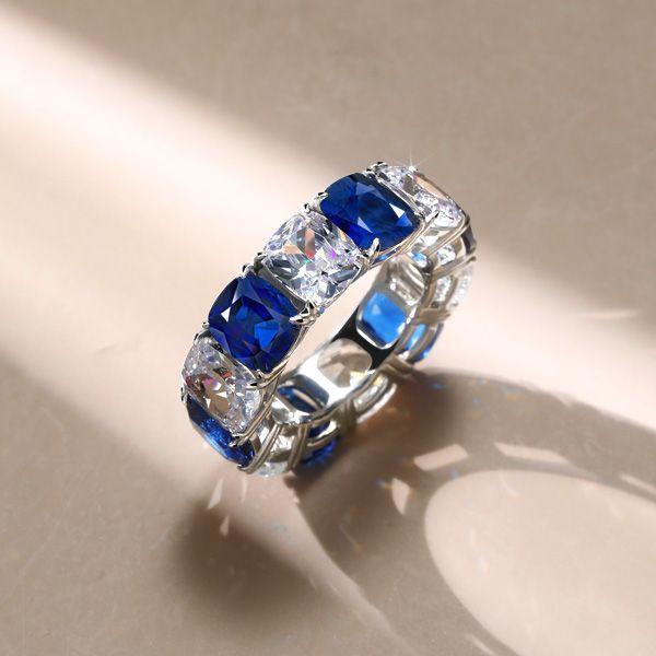 Blue & White Cushion Cut CZ Eternity Wedding Band - Sterling Silver