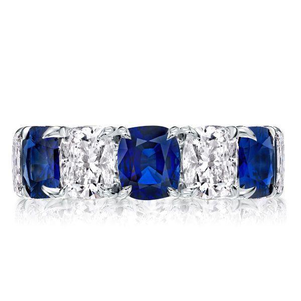 Blue & White Cushion Cut CZ Eternity Wedding Band - Sterling Silver