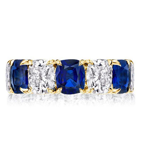 Blue & White Cushion Cut CZ Eternity Wedding Band - Sterling Silver