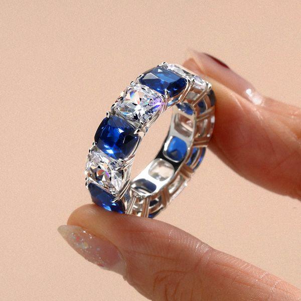 Blue & White Cushion Cut CZ Eternity Wedding Band - Sterling Silver