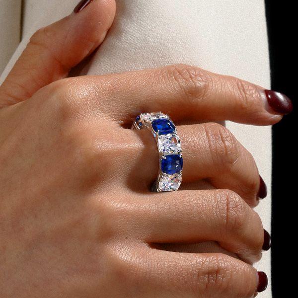 Blue & White Cushion Cut CZ Eternity Wedding Band - Sterling Silver
