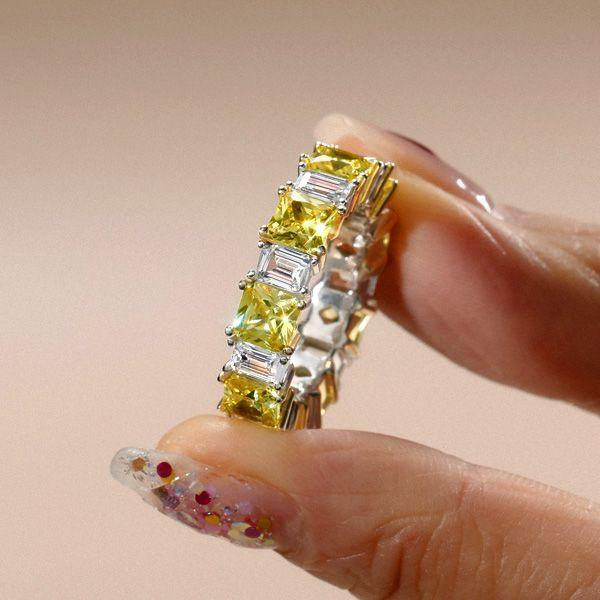 Two-Tone Radiant Cut Yellow & White Sapphire Sterling Silver Wedding Band