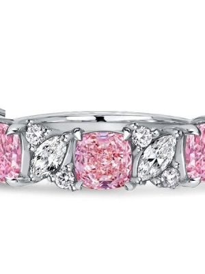 Cushion and Marquise Cut Pink Stone Half Eternity Band in Sterling Silver