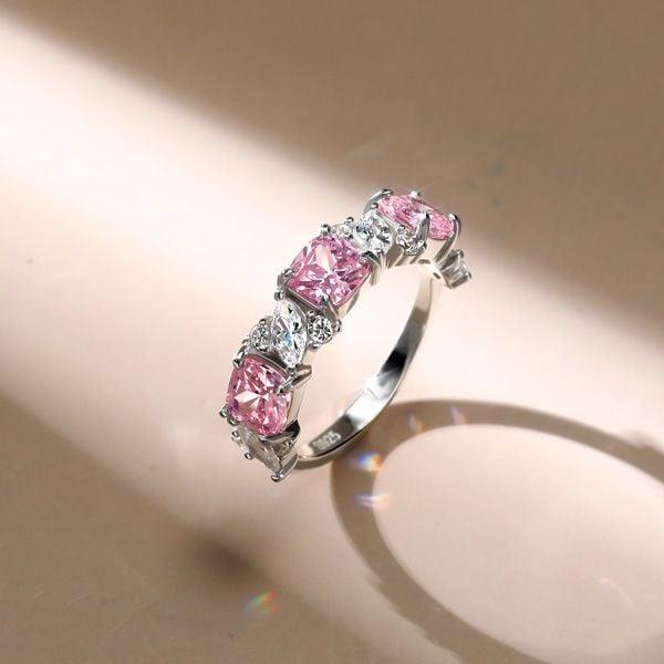 Cushion and Marquise Cut Pink Stone Half Eternity Band in Sterling Silver