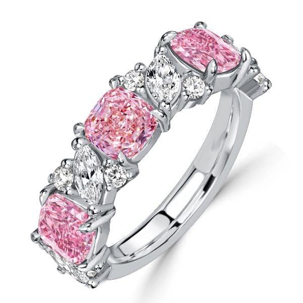 Cushion and Marquise Cut Pink Stone Half Eternity Band in Sterling Silver