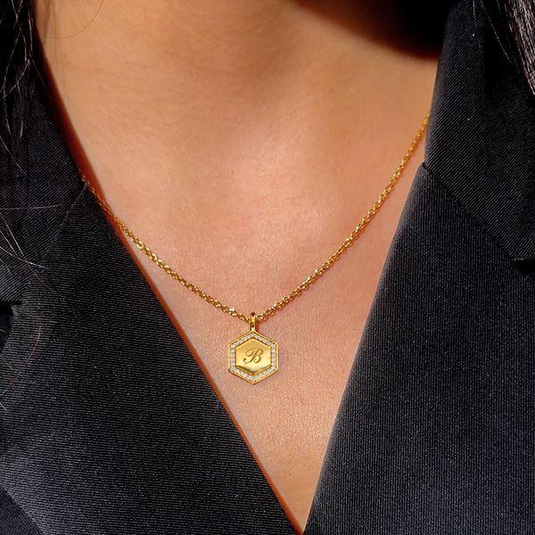 Personalized Hexagon Initial Necklace - 18K Gold Plated Sterling Silver Pendant