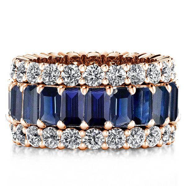 Triple Row Created Sapphire Wedding Band - 925 Sterling Silver