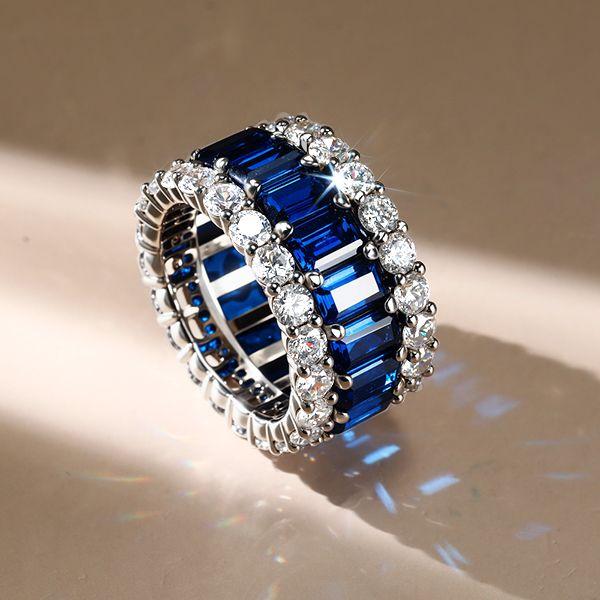 Triple Row Created Sapphire Wedding Band - 925 Sterling Silver