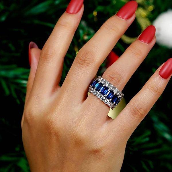 Triple Row Created Sapphire Wedding Band - 925 Sterling Silver