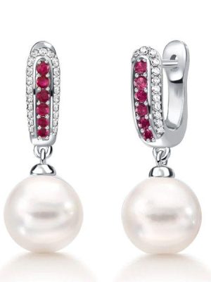 Sterling Silver Ruby & Pearl Drop Earrings for Women