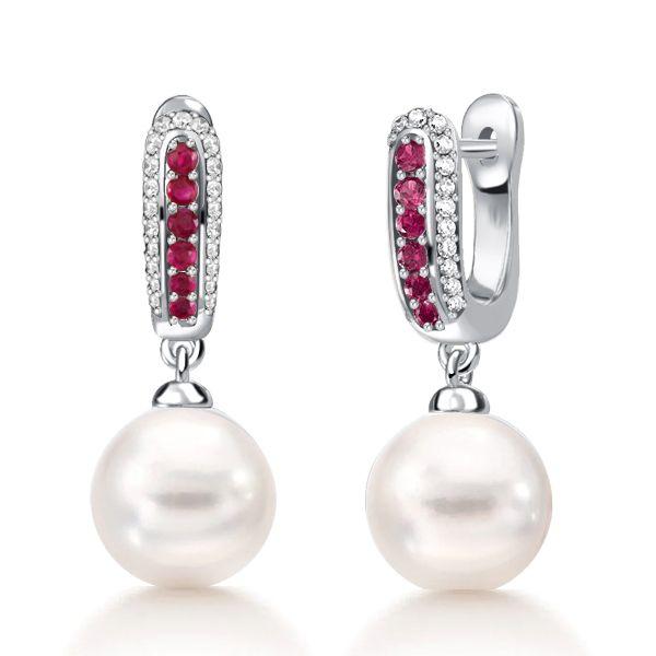 Sterling Silver Ruby & Pearl Drop Earrings for Women