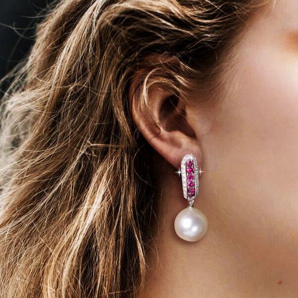 Sterling Silver Ruby & Pearl Drop Earrings for Women