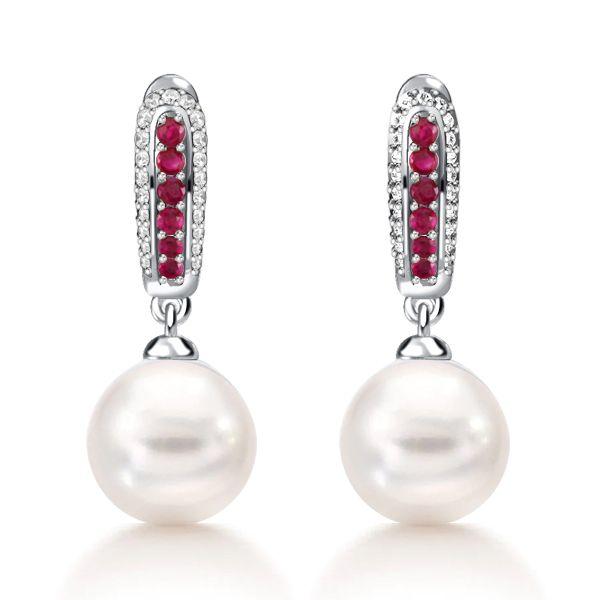 Sterling Silver Ruby & Pearl Drop Earrings for Women