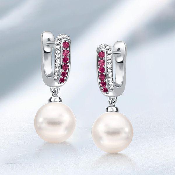 Sterling Silver Ruby & Pearl Drop Earrings for Women