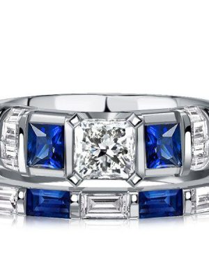 Princess Cut Blue Sapphire Sterling Silver Bridal Wedding Ring Set