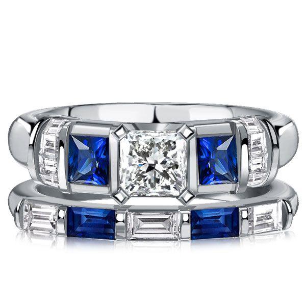 Princess Cut Blue Sapphire Sterling Silver Bridal Wedding Ring Set