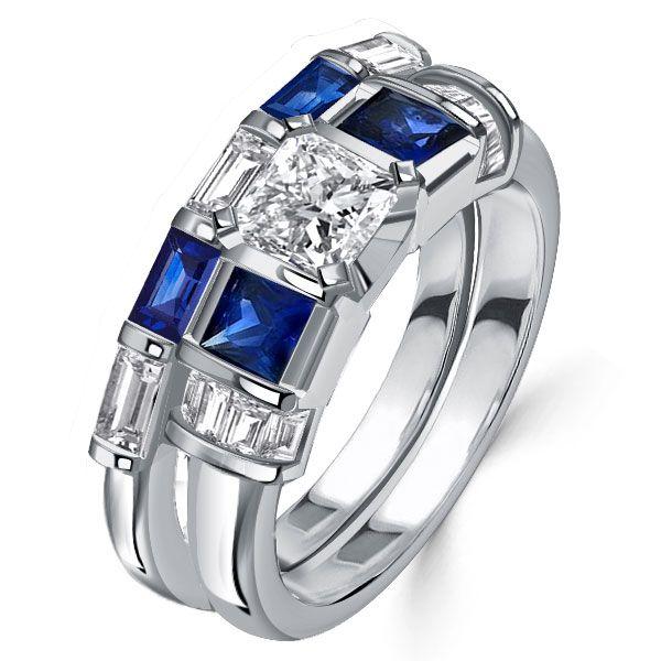 Princess Cut Blue Sapphire Sterling Silver Bridal Wedding Ring Set
