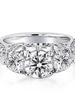 Floral Three Stone Created White Sapphire Engagement Ring - Silver Plated