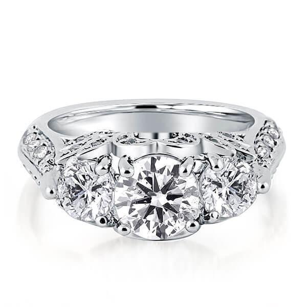 Floral Three Stone Created White Sapphire Engagement Ring - Silver Plated