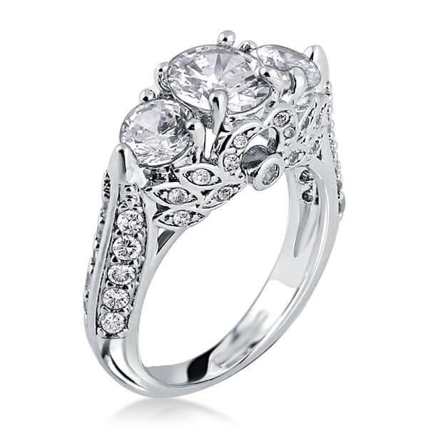 Floral Three Stone Created White Sapphire Engagement Ring - Silver Plated