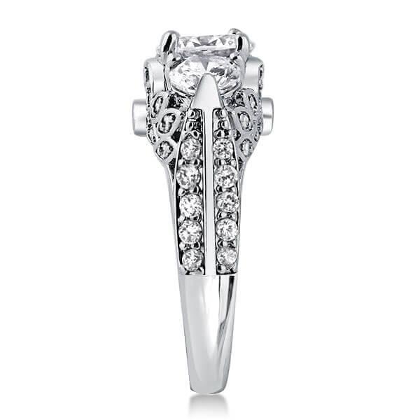 Floral Three Stone Created White Sapphire Engagement Ring - Silver Plated