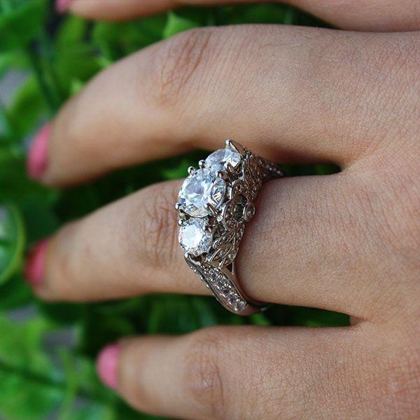 Floral Three Stone Created White Sapphire Engagement Ring - Silver Plated