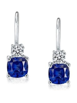 Blue Sapphire Drop Earrings - Cushion & Round Cut, Sterling Silver
