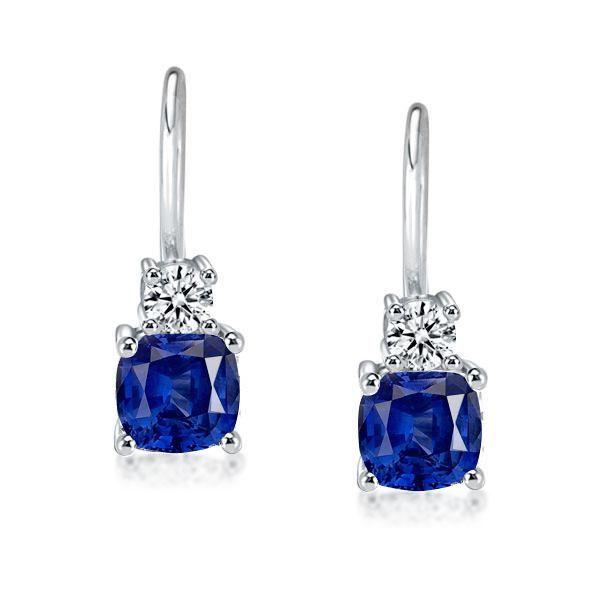 Blue Sapphire Drop Earrings - Cushion & Round Cut, Sterling Silver