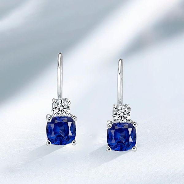 Blue Sapphire Drop Earrings - Cushion & Round Cut, Sterling Silver