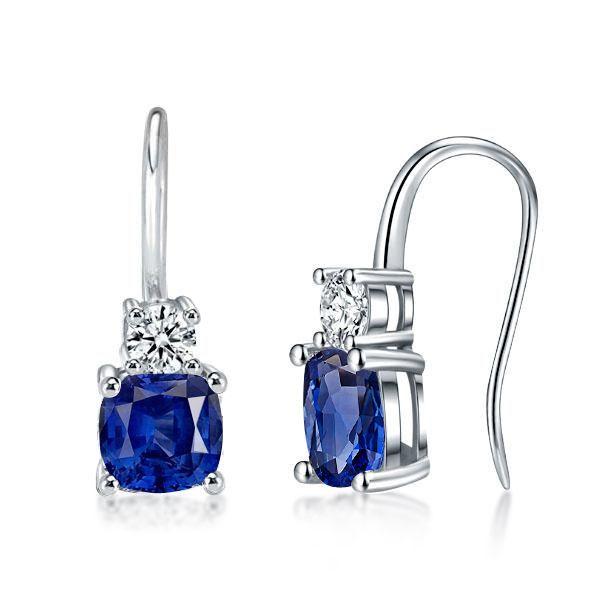 Blue Sapphire Drop Earrings - Cushion & Round Cut, Sterling Silver