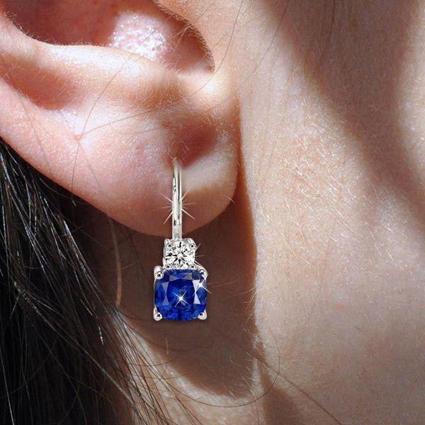Blue Sapphire Drop Earrings - Cushion & Round Cut, Sterling Silver
