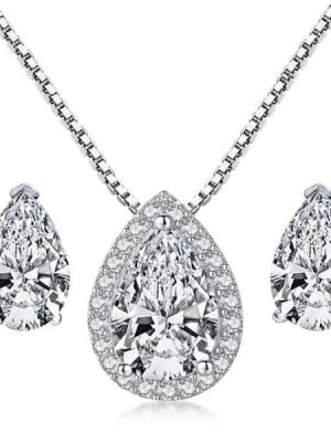 Halo Bridal Necklace Set - 925 Sterling Silver, Rhodium Plated