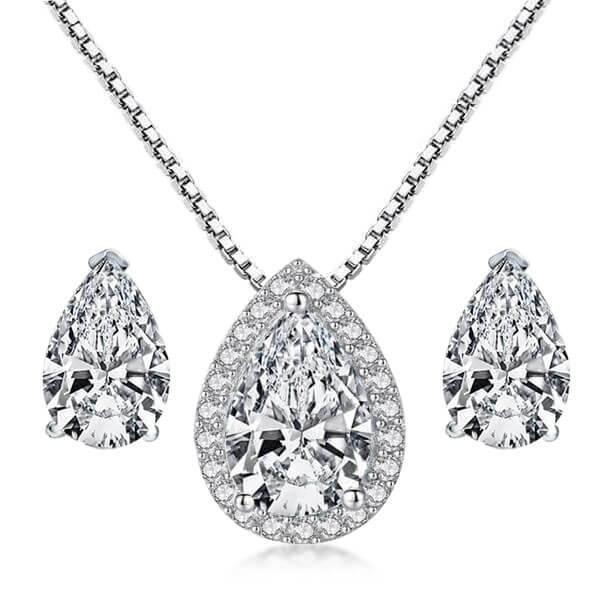 Halo Bridal Necklace Set - 925 Sterling Silver, Rhodium Plated
