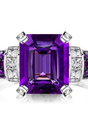 Vintage Amethyst & Emerald Cut 925 Sterling Silver Engagement Ring for Women