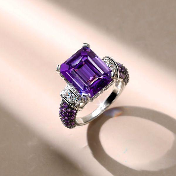 Vintage Amethyst & Emerald Cut 925 Sterling Silver Engagement Ring for Women