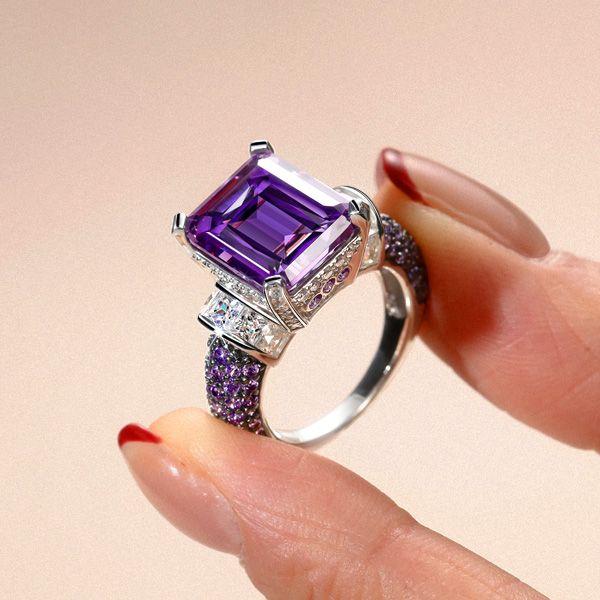 Vintage Amethyst & Emerald Cut 925 Sterling Silver Engagement Ring for Women