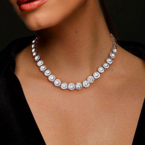 Eternity Halo Tennis Necklace - 925 Sterling Silver - Available in Multiple Lengths & Finishes