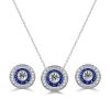 Vintage Blue Sapphire Halo Necklace and Earring Jewelry Set in Sterling Silver