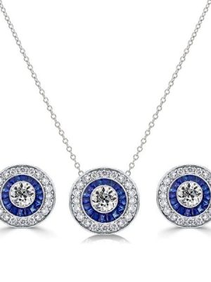 Vintage Blue Sapphire Halo Necklace and Earring Jewelry Set in Sterling Silver