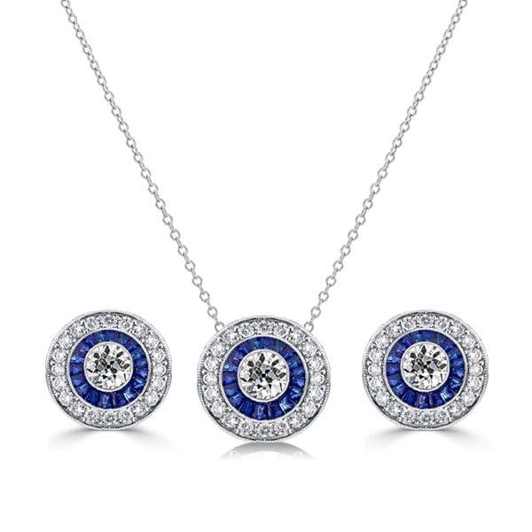Vintage Blue Sapphire Halo Necklace and Earring Jewelry Set in Sterling Silver
