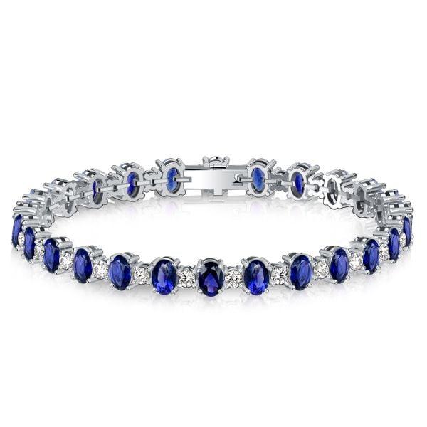 Oval Cut Blue Sapphire Tennis Bracelet in 925 Sterling Silver - Wedding Jewelry