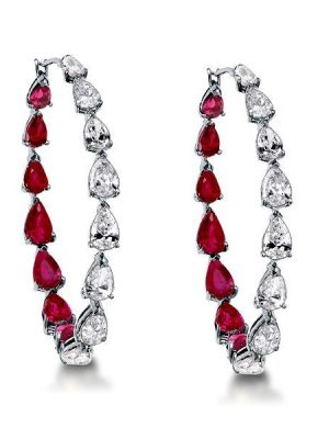 Pear Cut Ruby Inside-Out Hoop Earrings - Sterling Silver