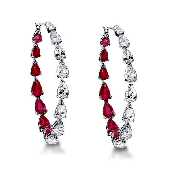 Pear Cut Ruby Inside-Out Hoop Earrings - Sterling Silver